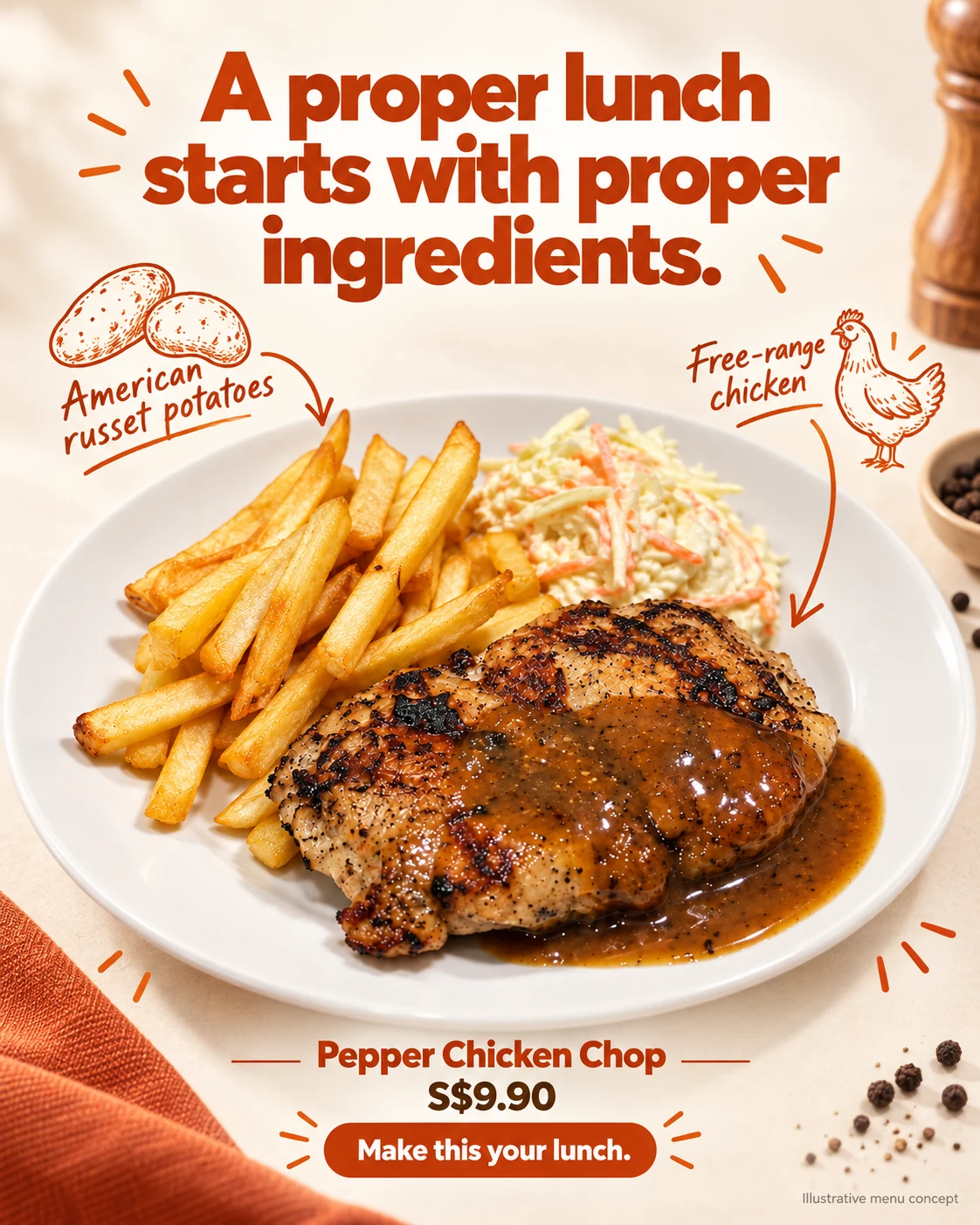 Ingredient-led chicken chop ad with hand-drawn chicken and potato illustrations