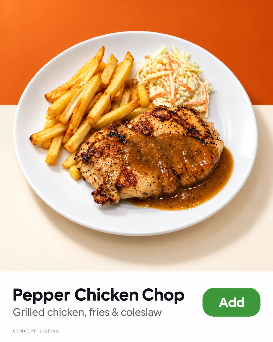 Delivery listing concept with orange and ivory background, dish description and an Add button