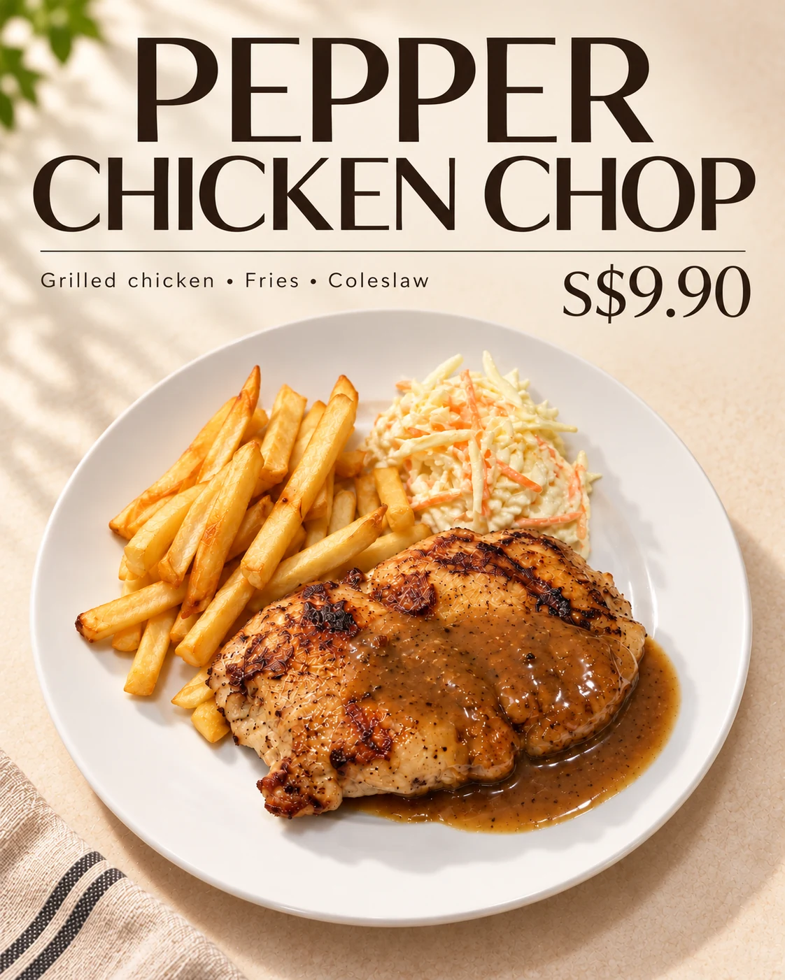 Pepper chicken chop menu design with large typography and an illustrative S$9.90 price
