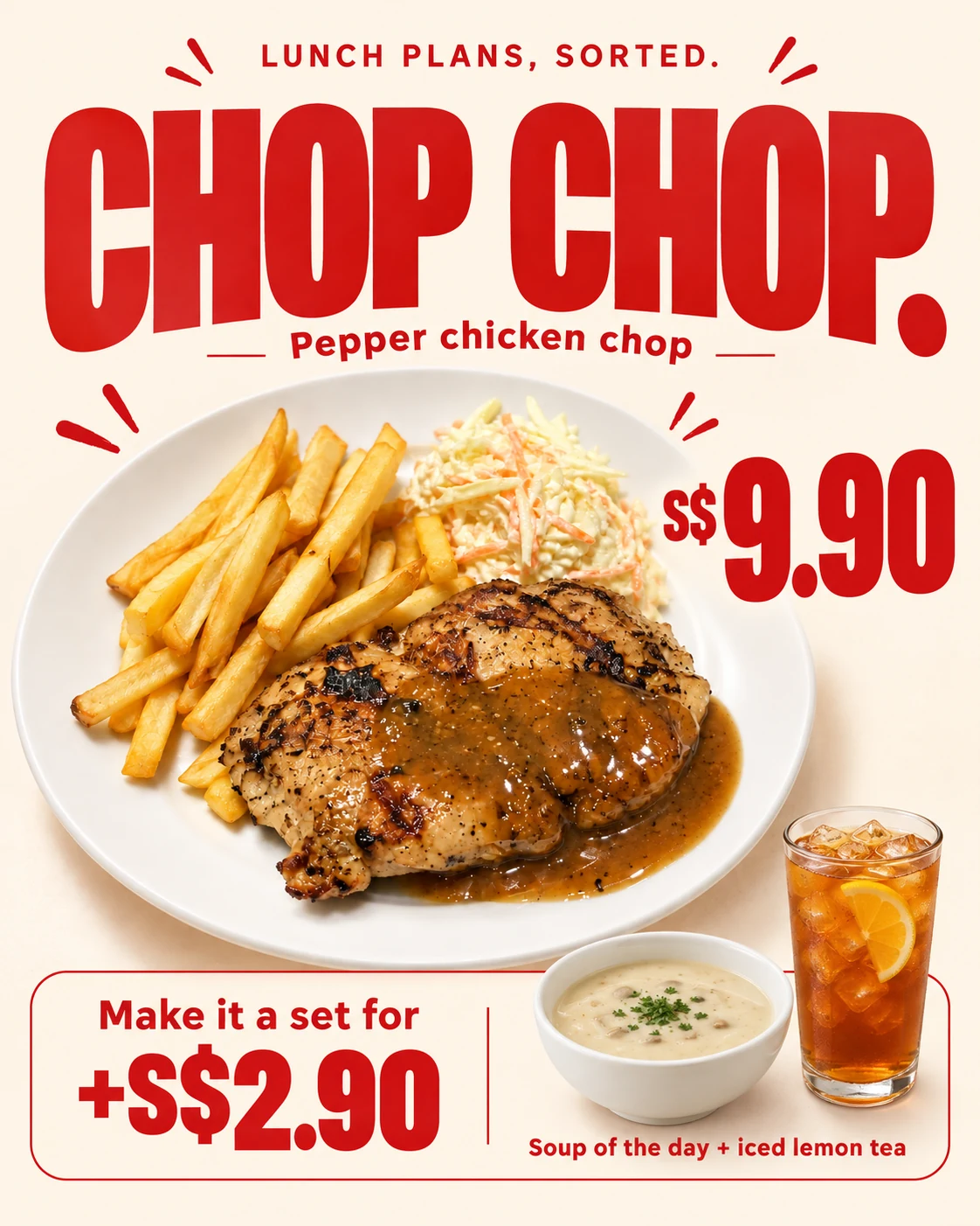 Chicken chop promotional poster with an illustrative meal price and soup and drink upgrade