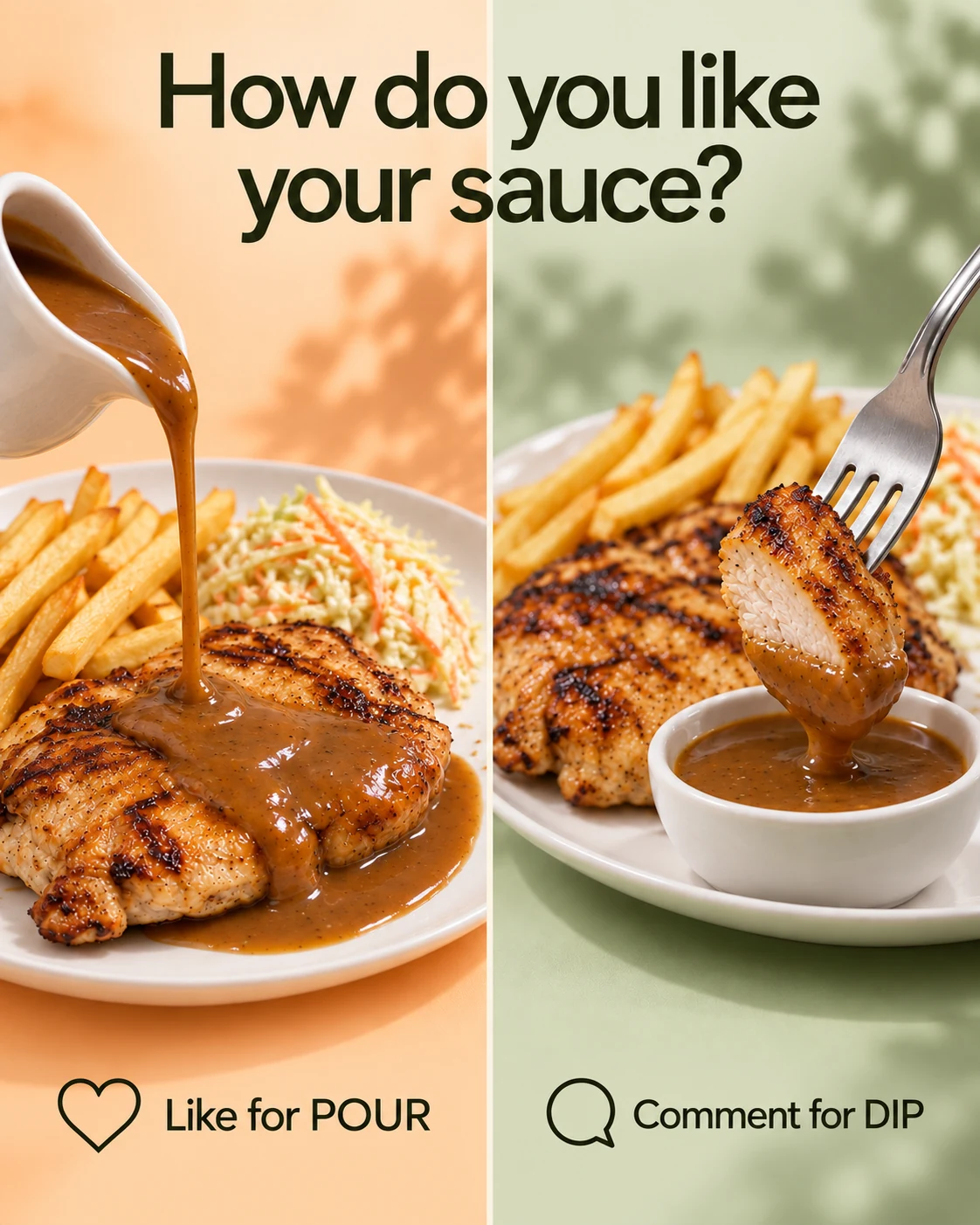 Split-screen sauce poll showing pouring and dipping, with like and comment prompts